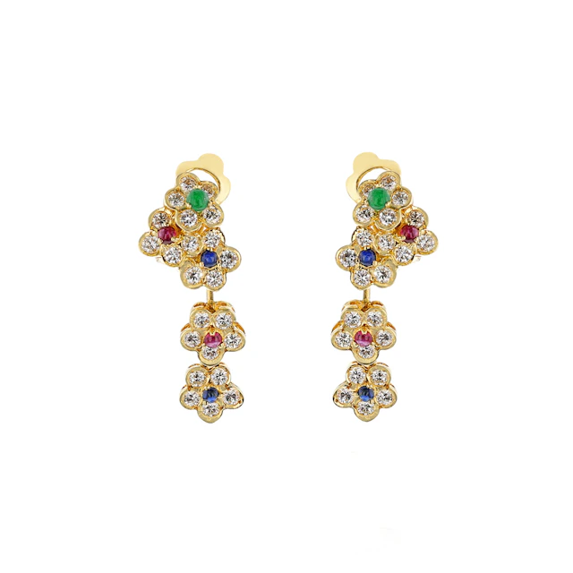 Gold, Ruby, Emerald, Sapphire and Diamond Flower Earrings
