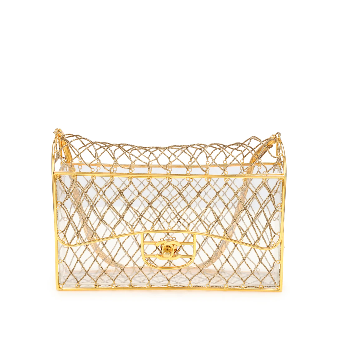 Clear Beaded Lucite Medium Cage Flap Gold Hardware, 1990s