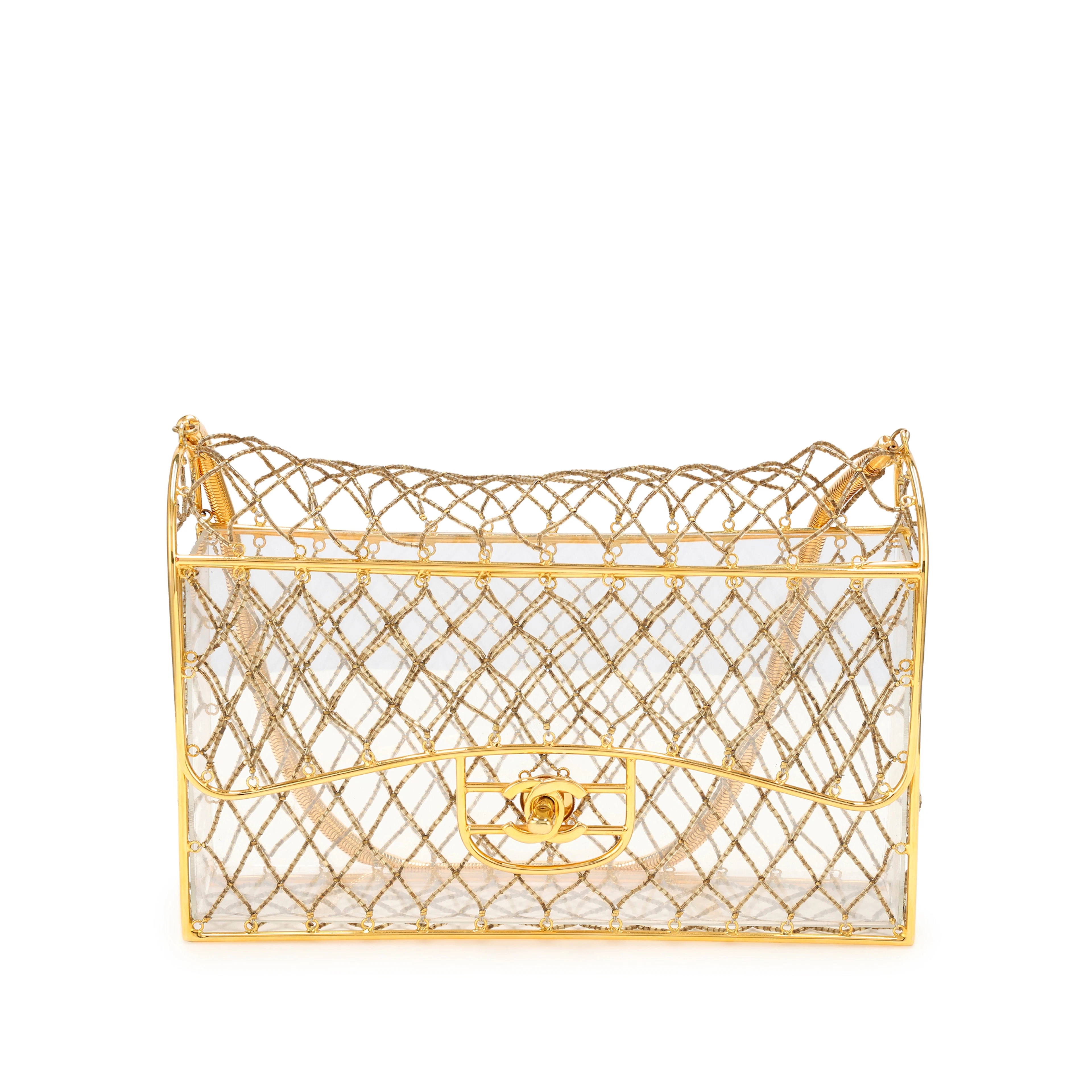 Clear Beaded Lucite Medium Cage Flap Gold Hardware, 1990s