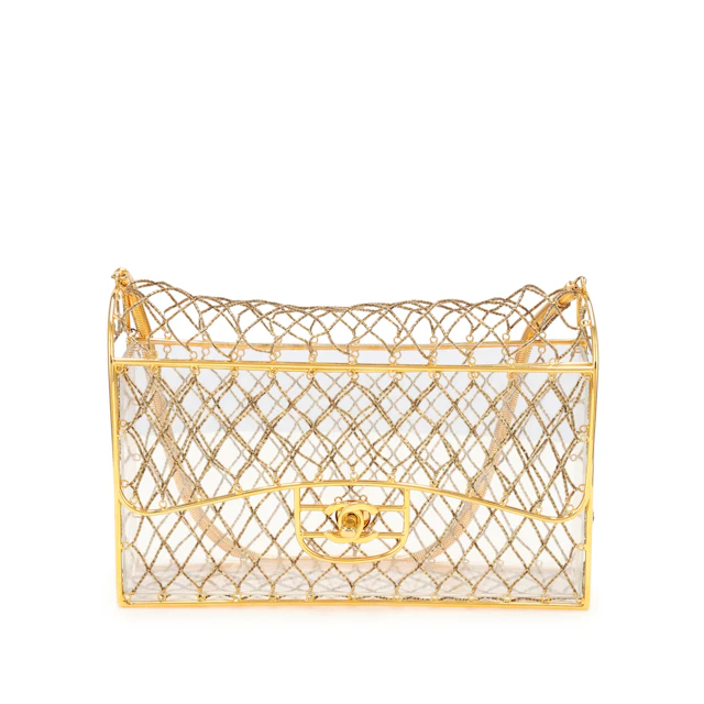 Clear Beaded Lucite Medium Cage Flap Gold Hardware, 1990s