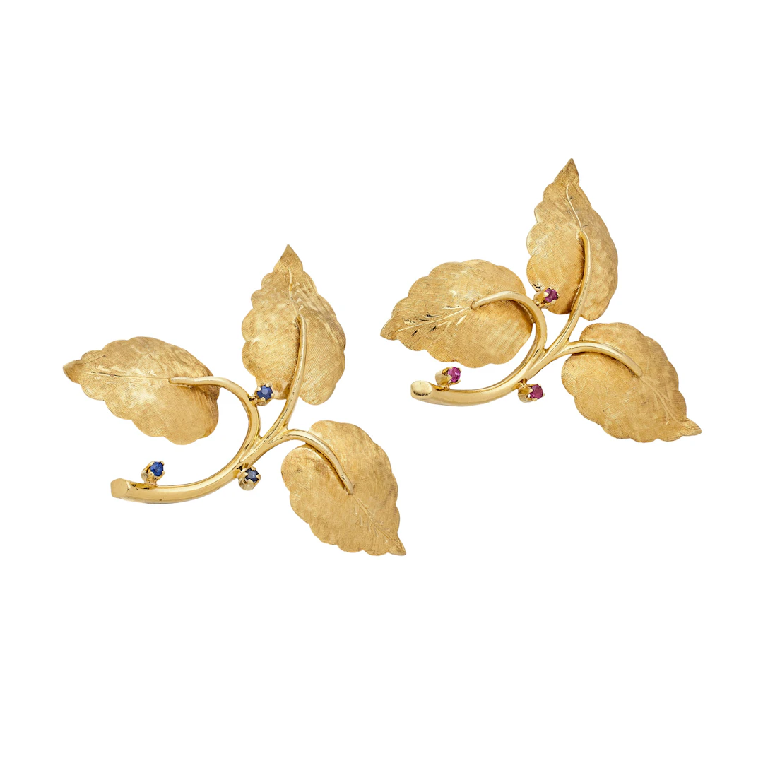 Vintage Gold, Ruby and Sapphire 3 Leaf Brooch Set