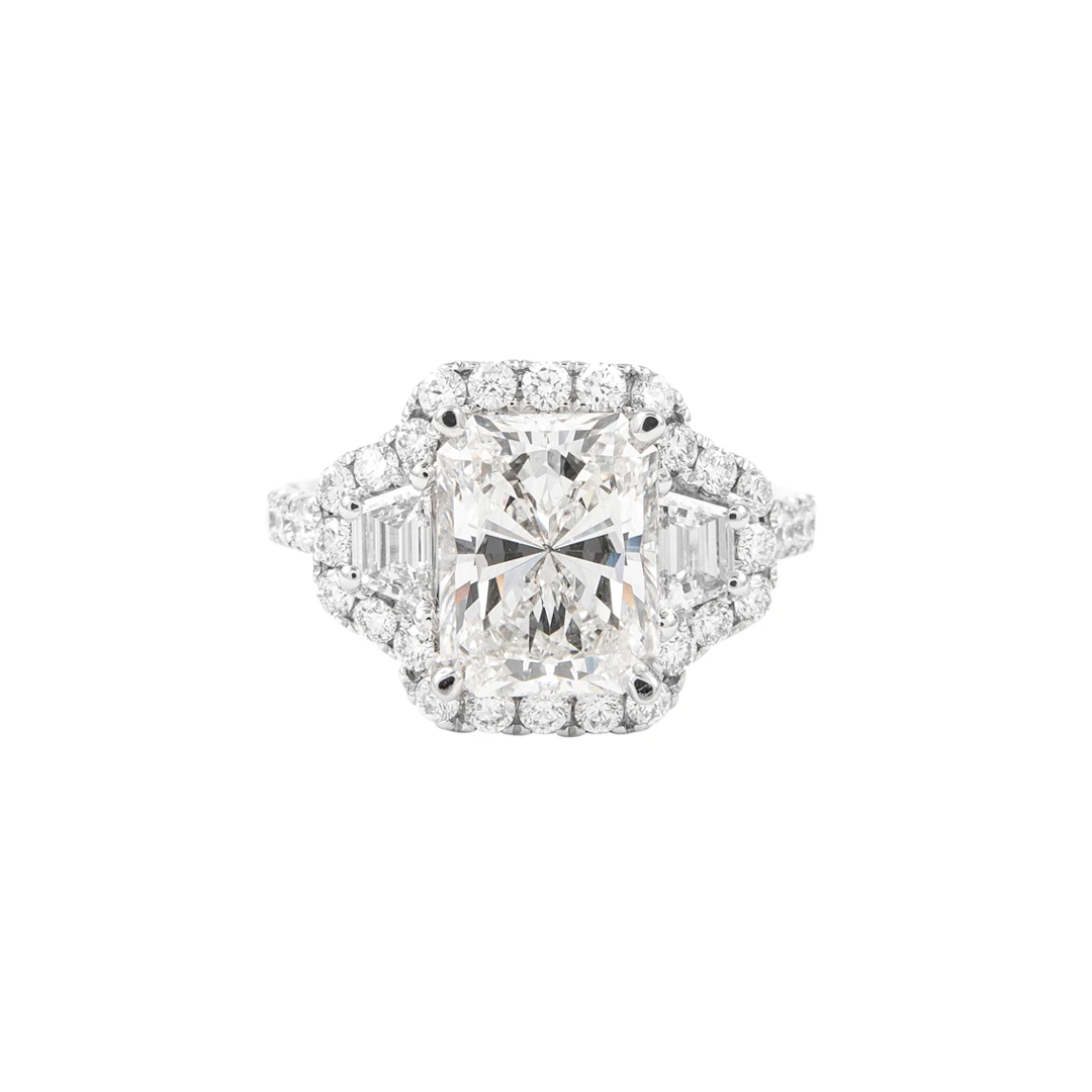 White Gold, 3.00ct Radiant Cut Diamond and Diamond Three Stone Ring