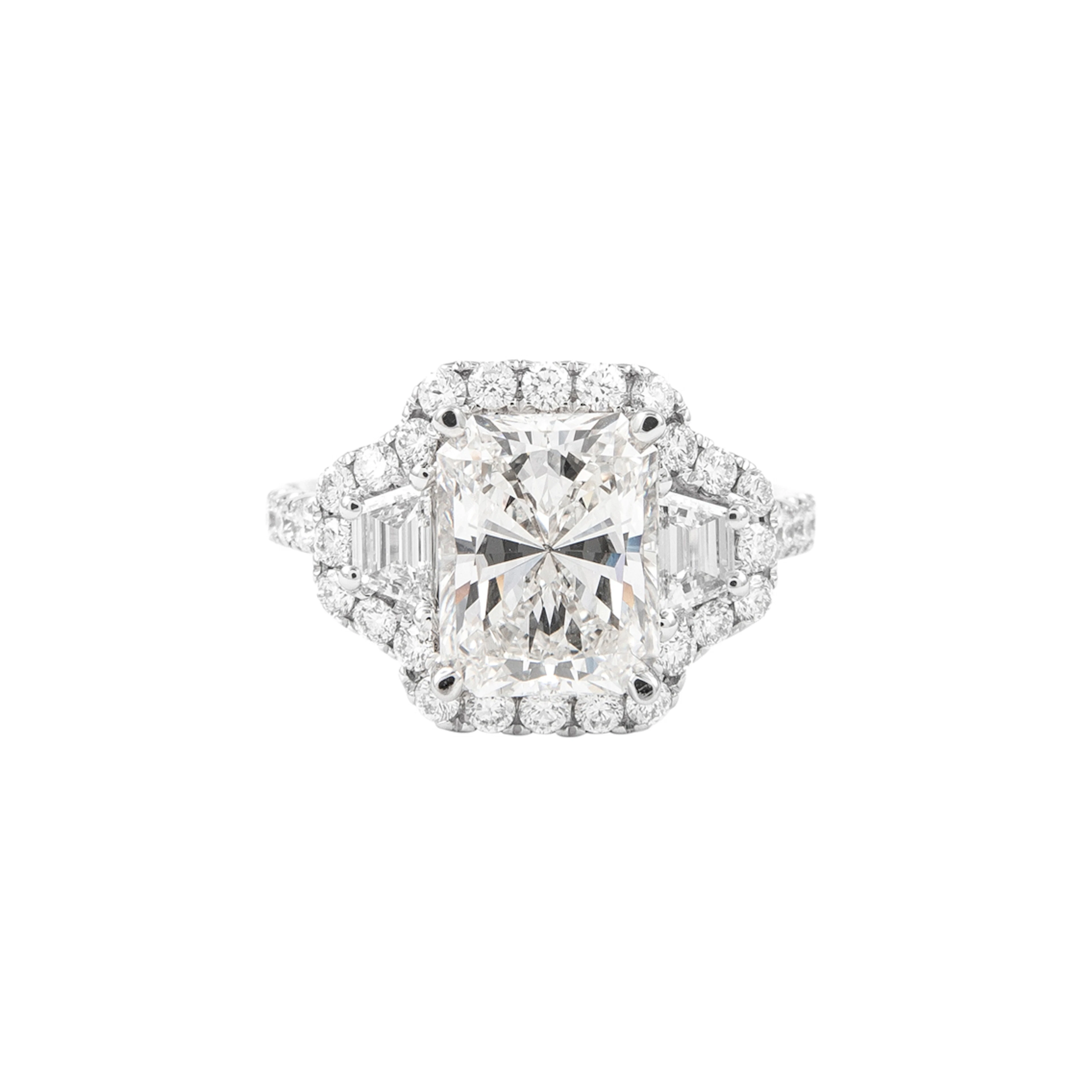 White Gold, 3.00ct Radiant Cut Diamond and Diamond Three Stone Ring