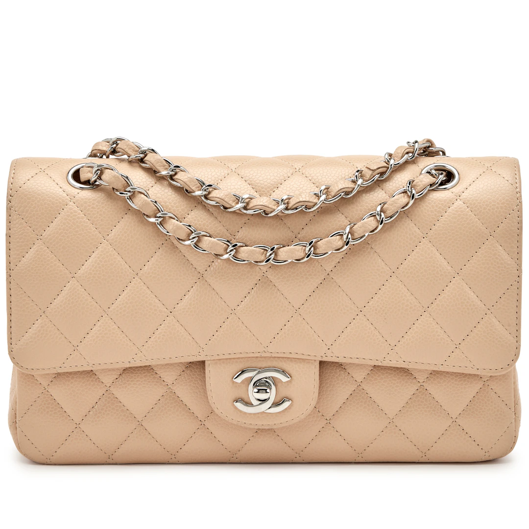 Beige Quilted Caviar Small Classic Double Flap Silver Hardware, 2010-2011