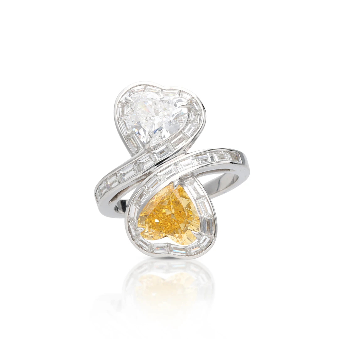 White Gold, Heart Shaped Fancy Vivid Orange-Yellow Diamond and Diamond