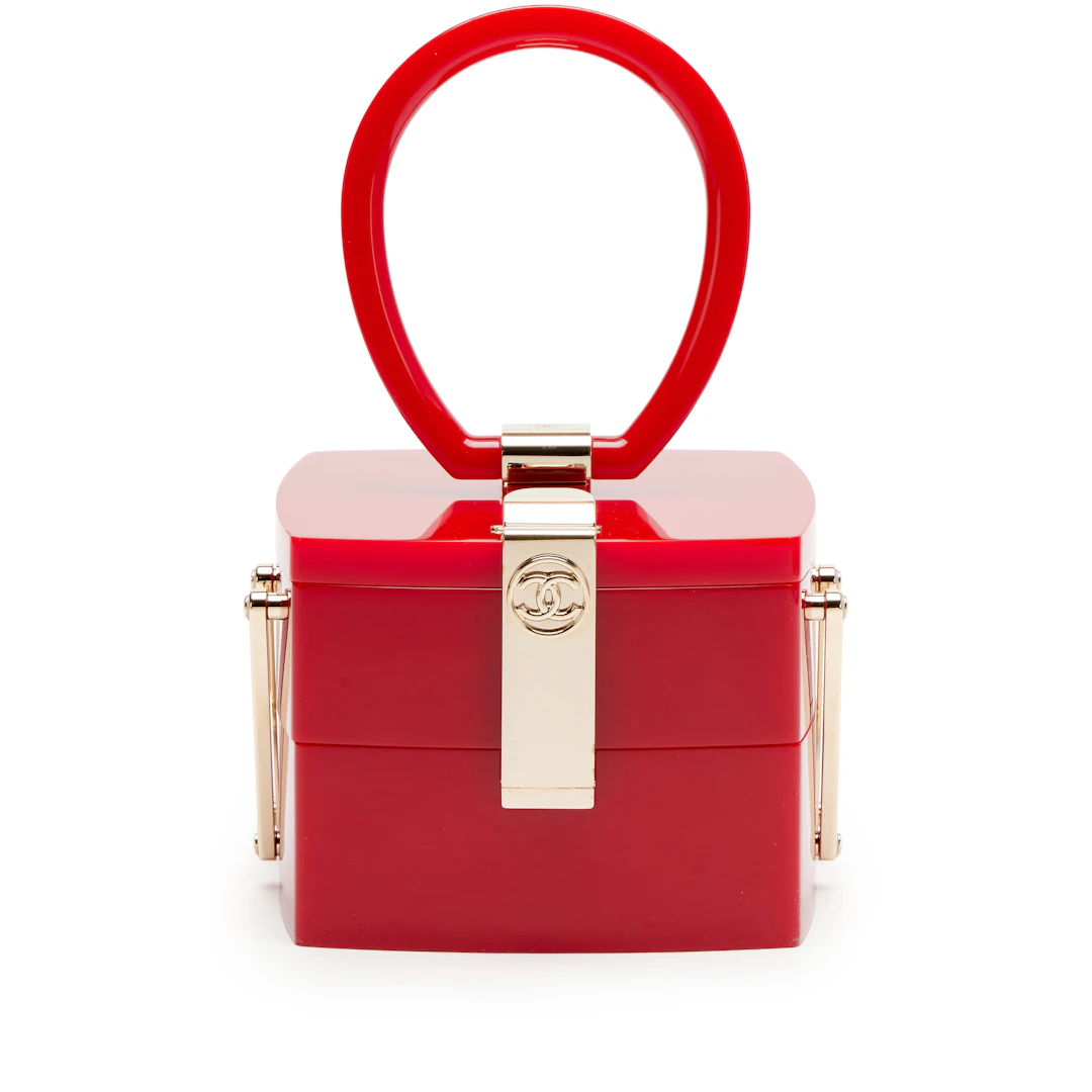 Red Plexiglass Vanity Case Mirror Top Handle Minaudière Gold Hardware, 2017