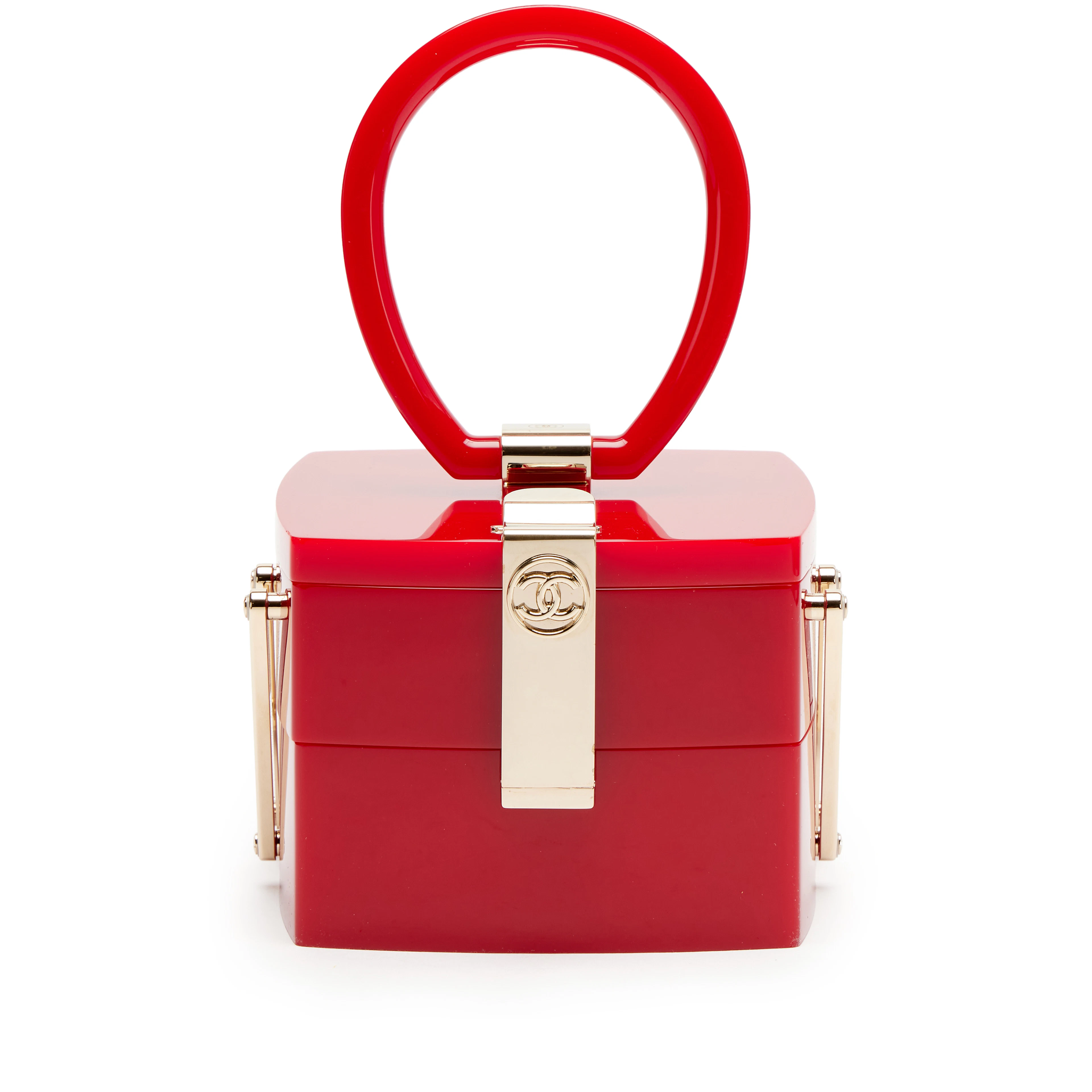 Red Plexiglass Vanity Case Mirror Top Handle Minaudière Gold Hardware, 2017