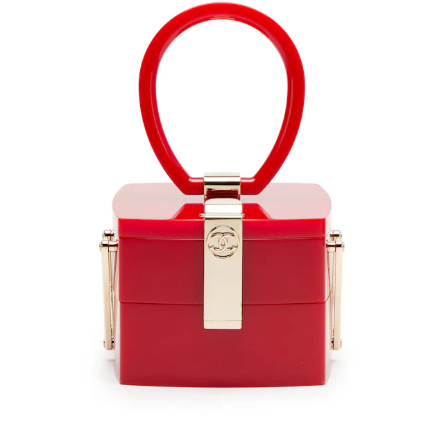 Red Plexiglass Vanity Case Mirror Top Handle Minaudière Gold Hardware, 2017