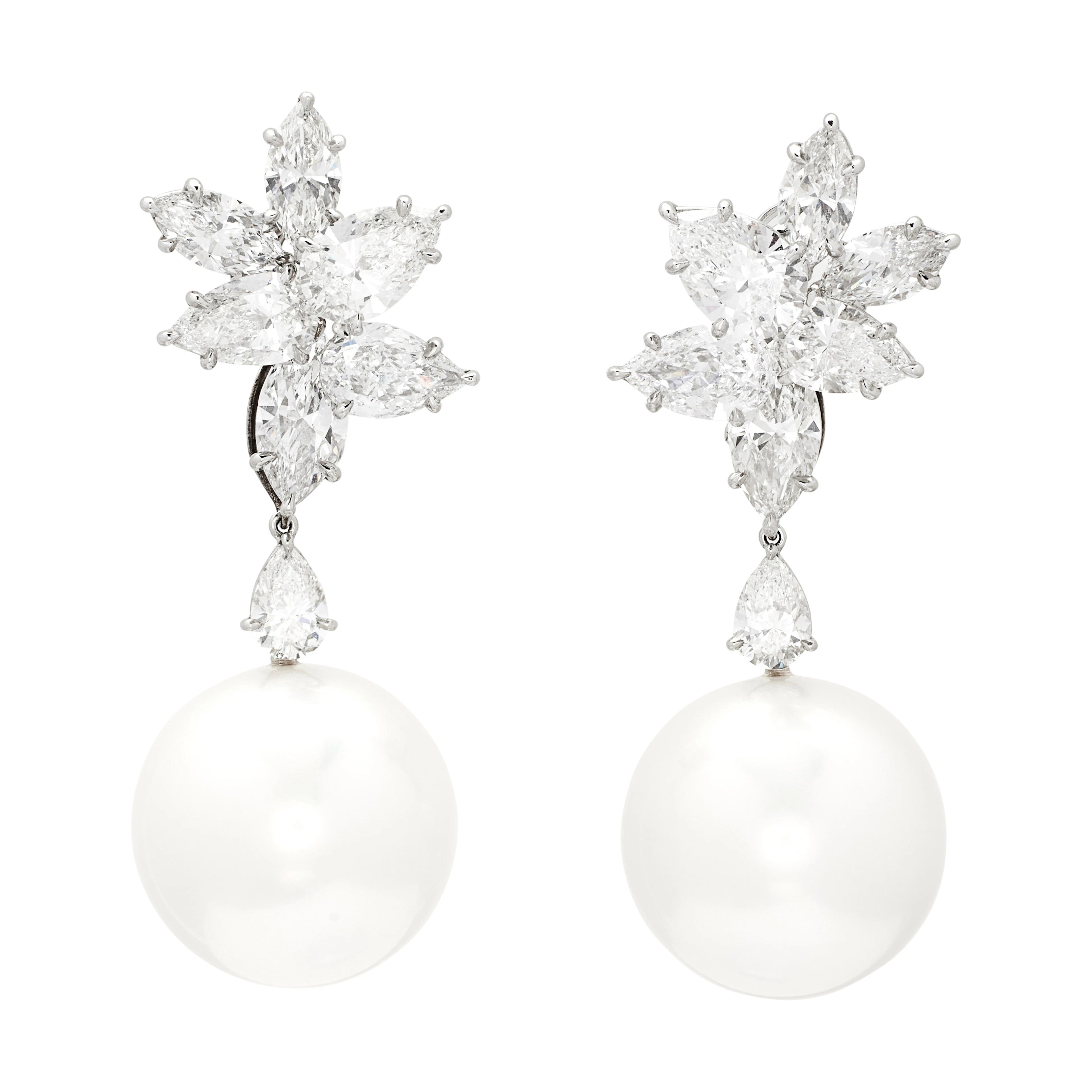 Platinum, South Sea Cultured Pearl and Diamond Cluster Earrings