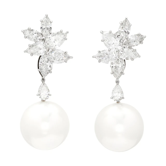 Platinum, South Sea Cultured Pearl and Diamond Cluster Earrings