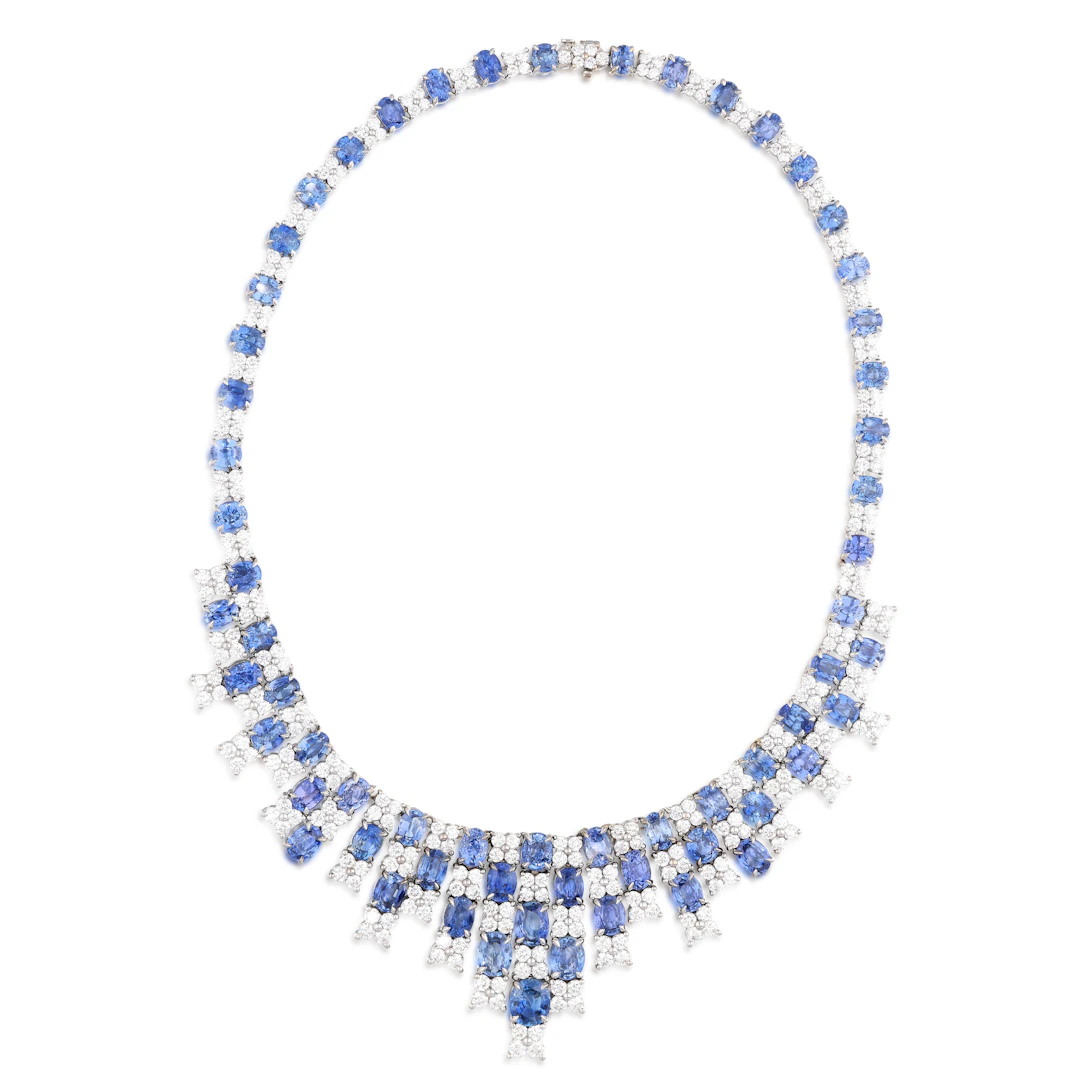 White Gold, Ceylon Sapphire and Diamond Necklace