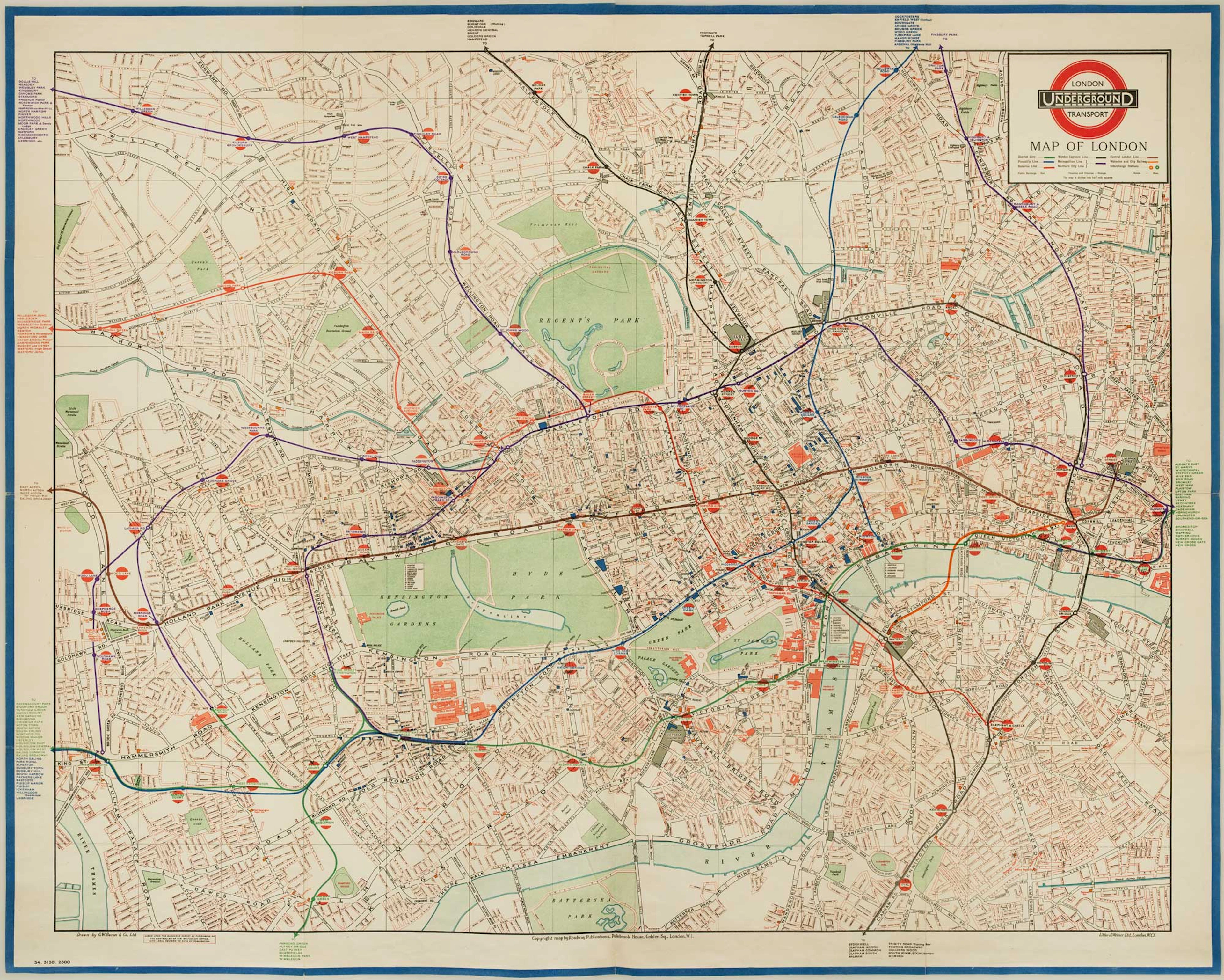Quad-Royal poster map with Central London's Underground
