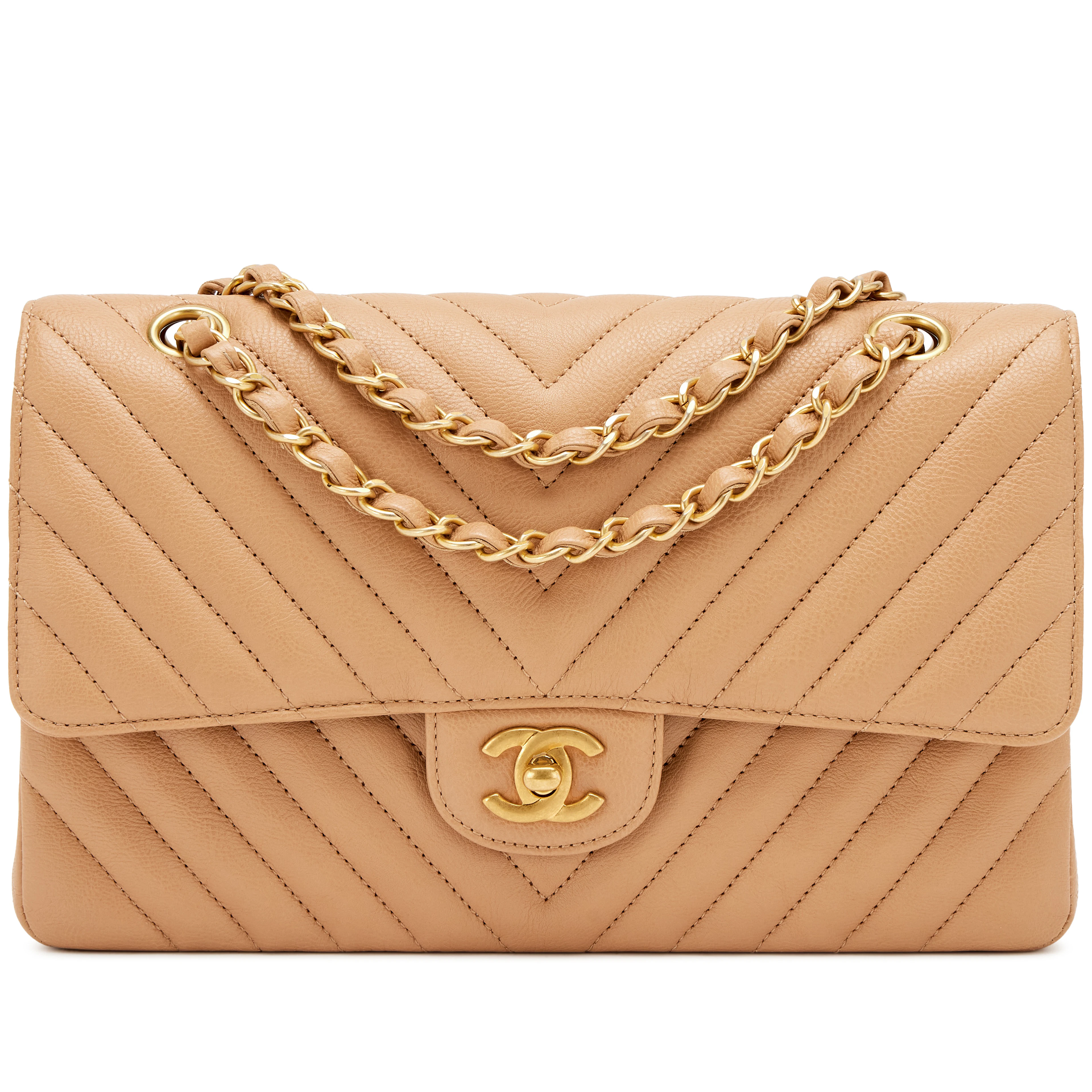 Dark Beige Chevron Calfskin Medium Double Flap Bag Aged Gold Hardware, 2017