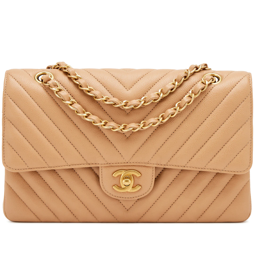 Dark Beige Chevron Calfskin Medium Double Flap Bag Aged Gold Hardware, 2017