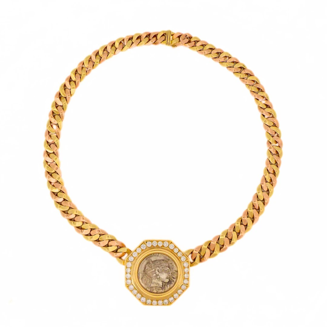 Gold, Rose Gold, Diamond and Ancient Coin Monete Necklace