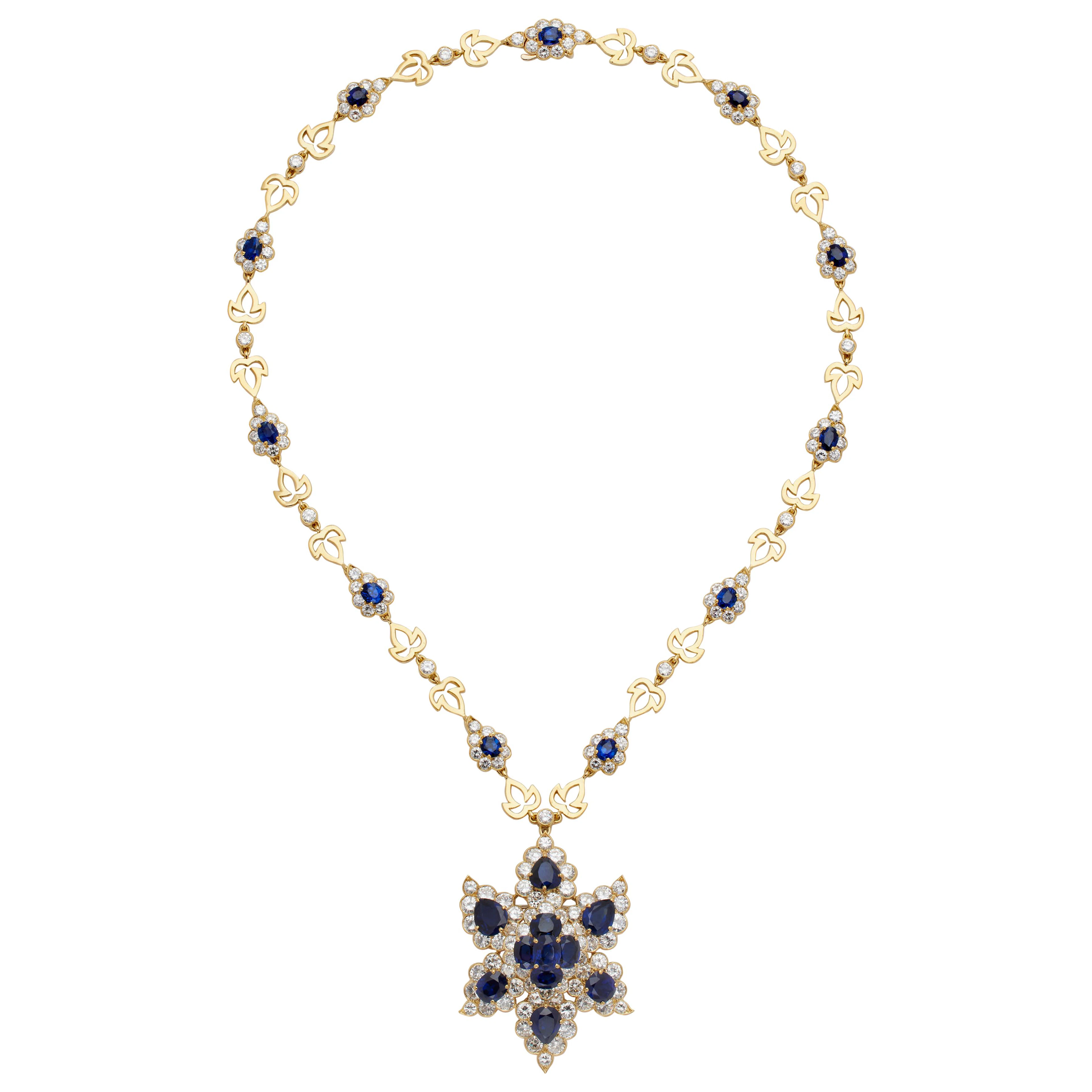 Vintage Gold, Sapphire and Diamond Convertible Brooch Pendant Necklace