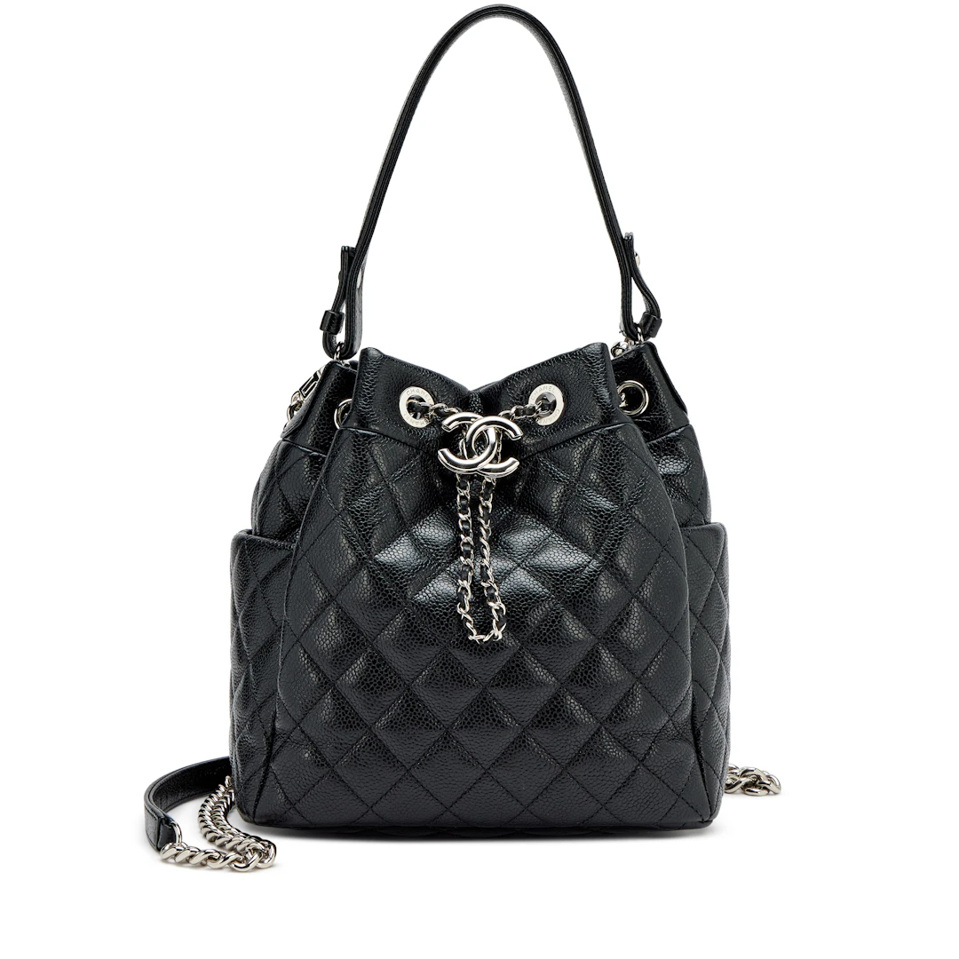 Black Quilted Glazed Caviar Drawstring CC Bucket Bag Silver Hardware, 2019