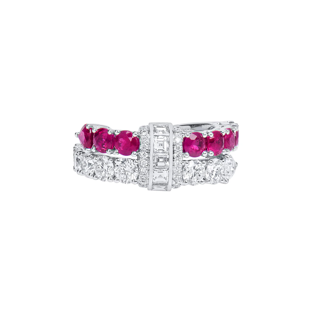 White Gold, Ruby and Diamond Bypass Ring