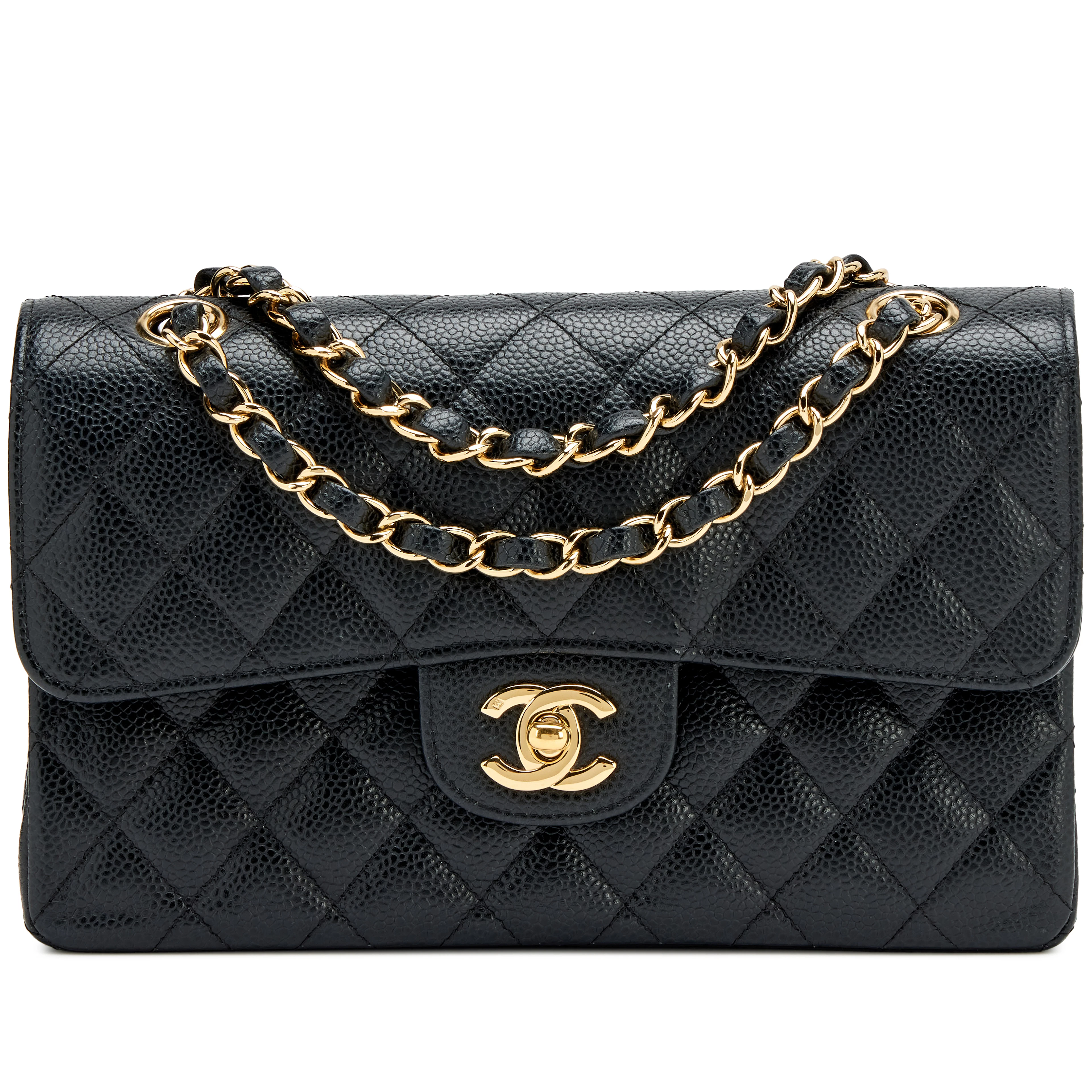 Vintage Black Quilted Caviar Small Classic Double Flap Bag Gold Hardware