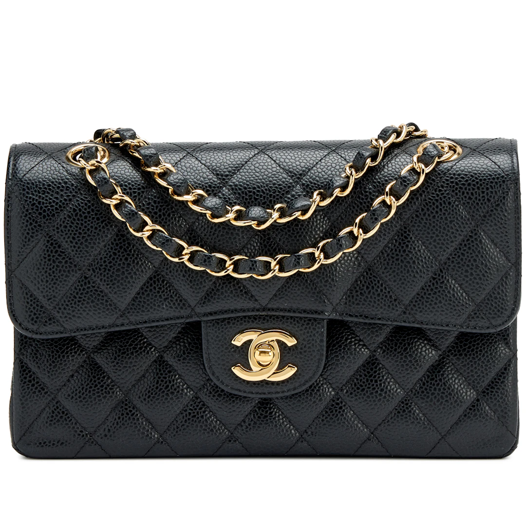 Vintage Black Quilted Caviar Small Classic Double Flap Bag Gold Hardware