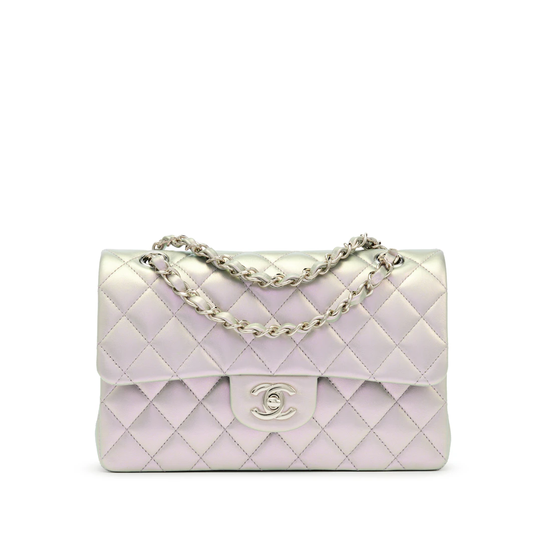 Iridescent Pearl Lilac Quilted Calfskin Small Double Flap Bag Silver