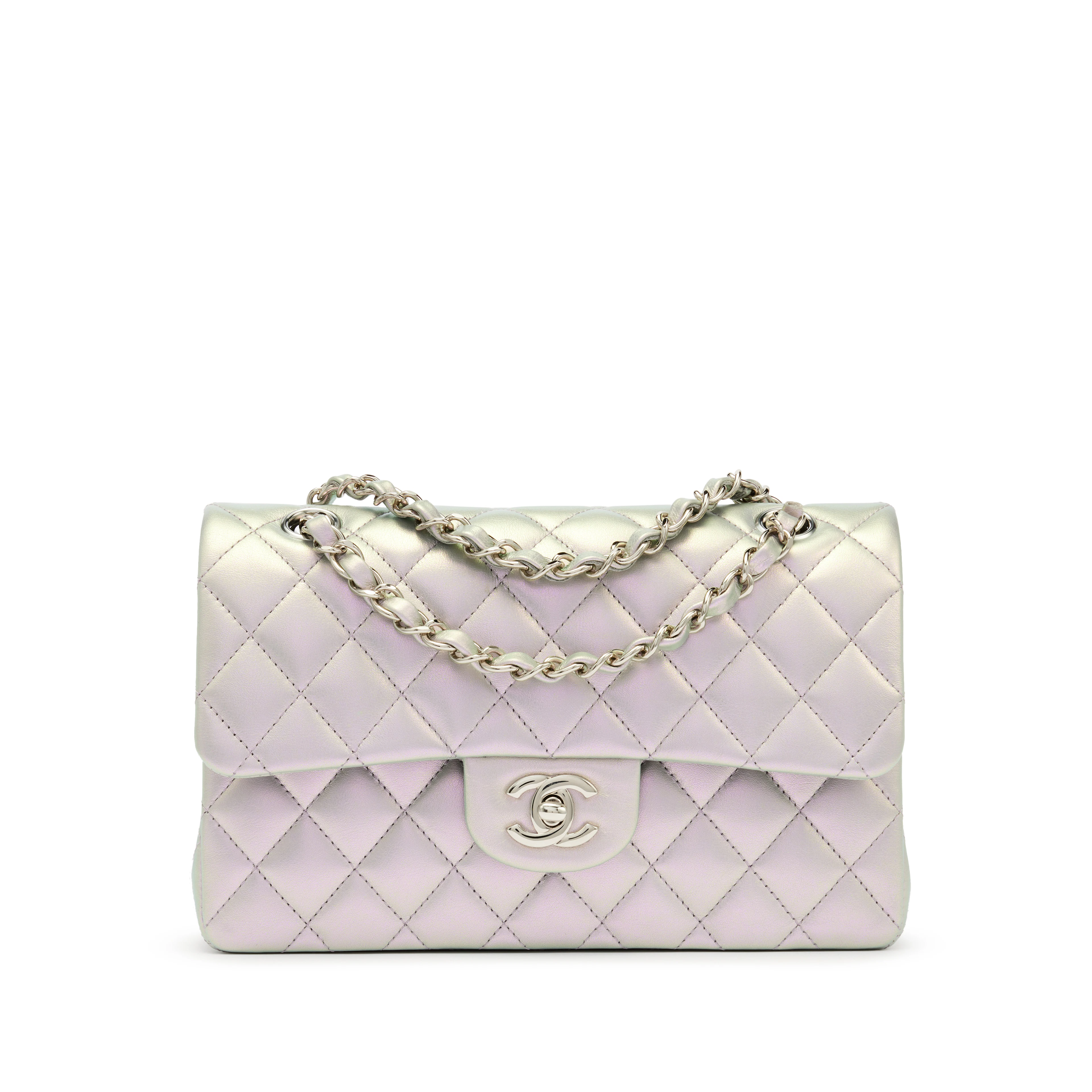 Iridescent Pearl Lilac Quilted Calfskin Small Double Flap Bag Silver