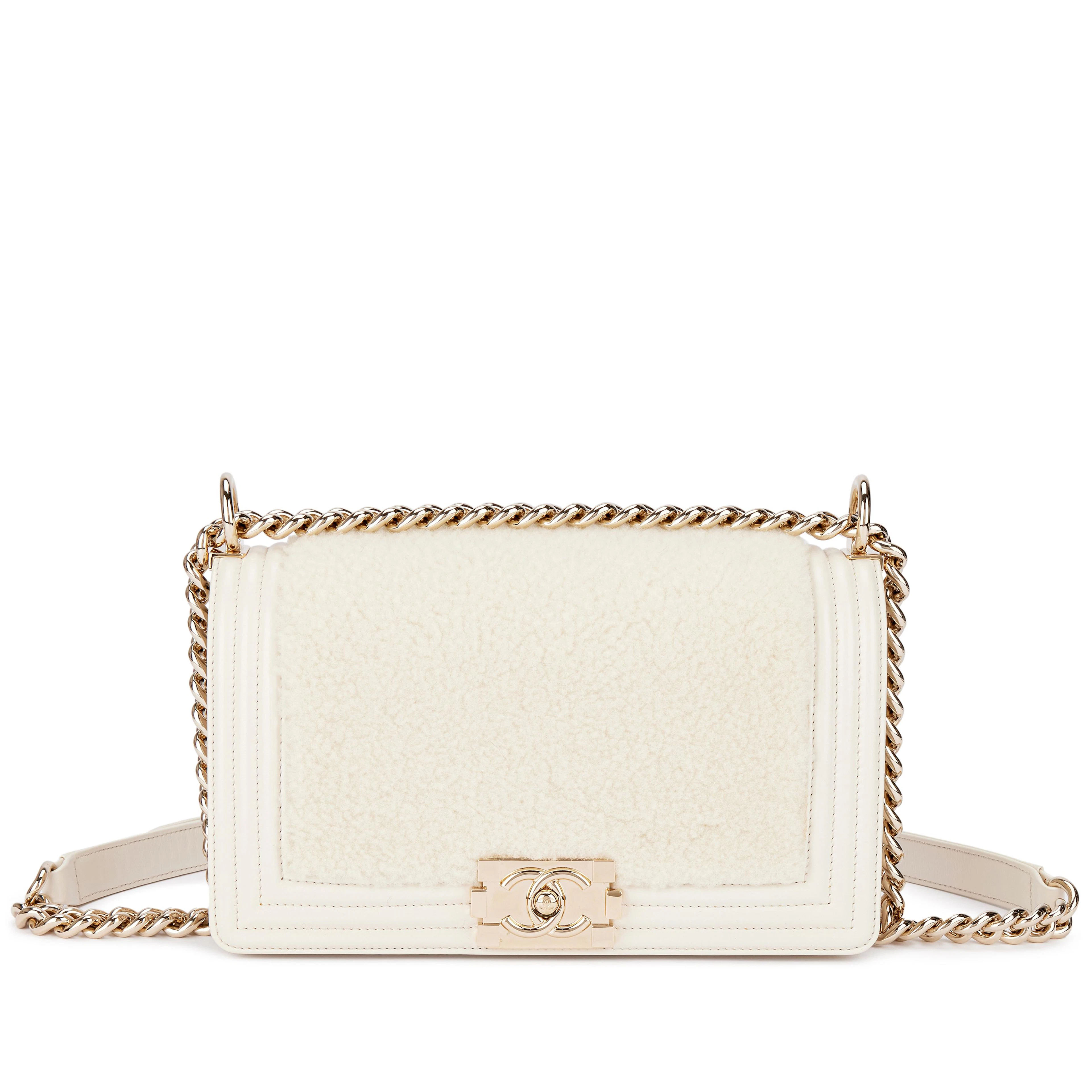 White Shearling and Calfskin Medium Boy Bag Light Gold Hardware, 2016-17