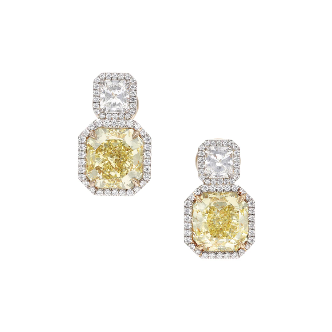 Platinum, Gold, 10.45ctw Fancy Yellow Diamond and Diamond Drop Earrings