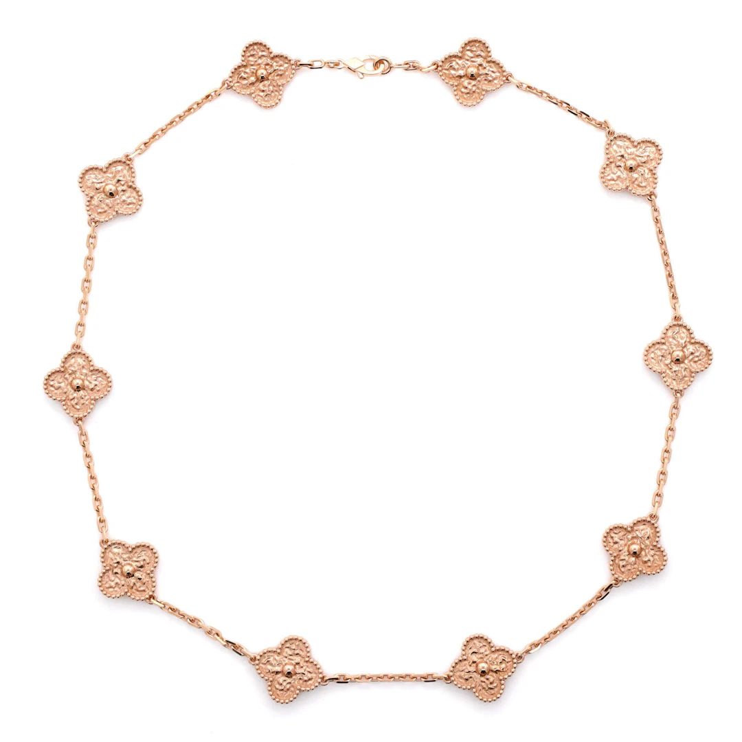 Rose Gold Hammered Vintage Alhambra 10 Motifs Necklace