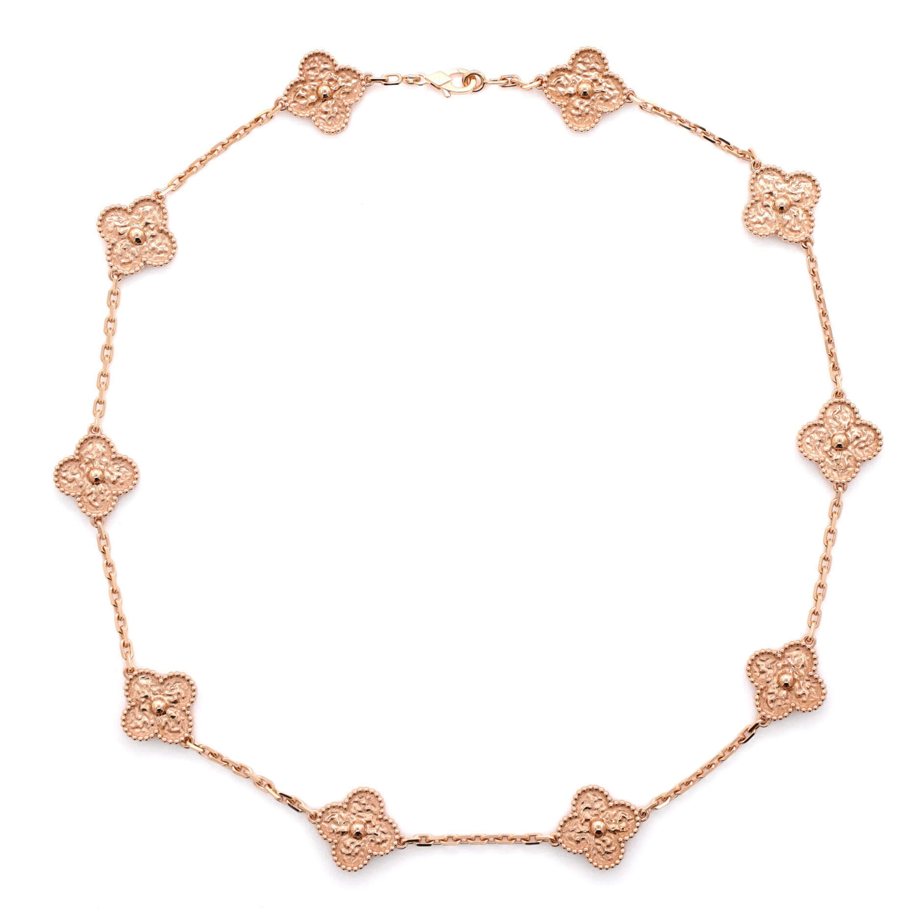 Rose Gold Hammered Vintage Alhambra 10 Motifs Necklace
