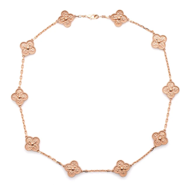 Rose Gold Hammered Vintage Alhambra 10 Motifs Necklace