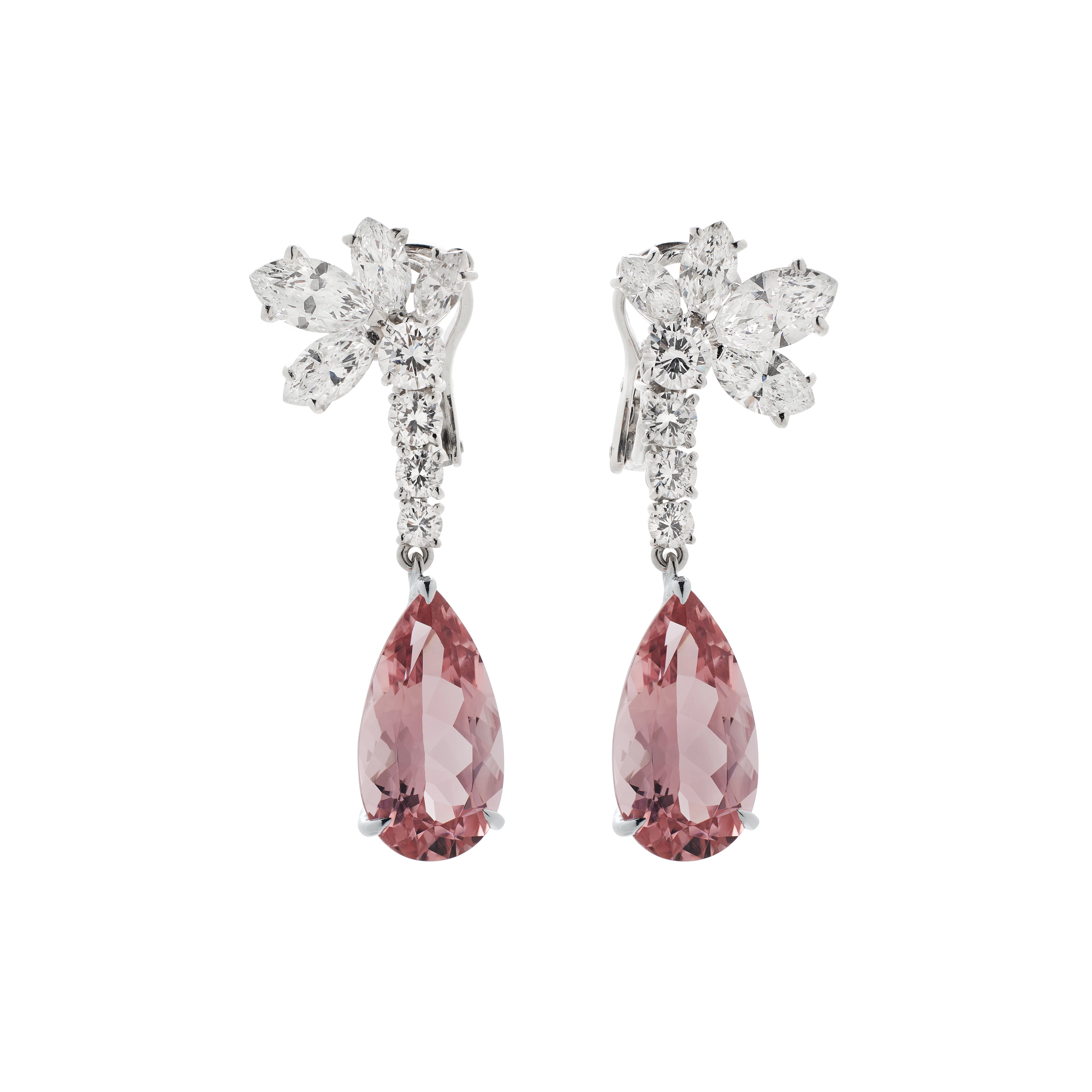 White Gold, 10.95ctw Pink Tourmaline and Diamond Drop Earclips