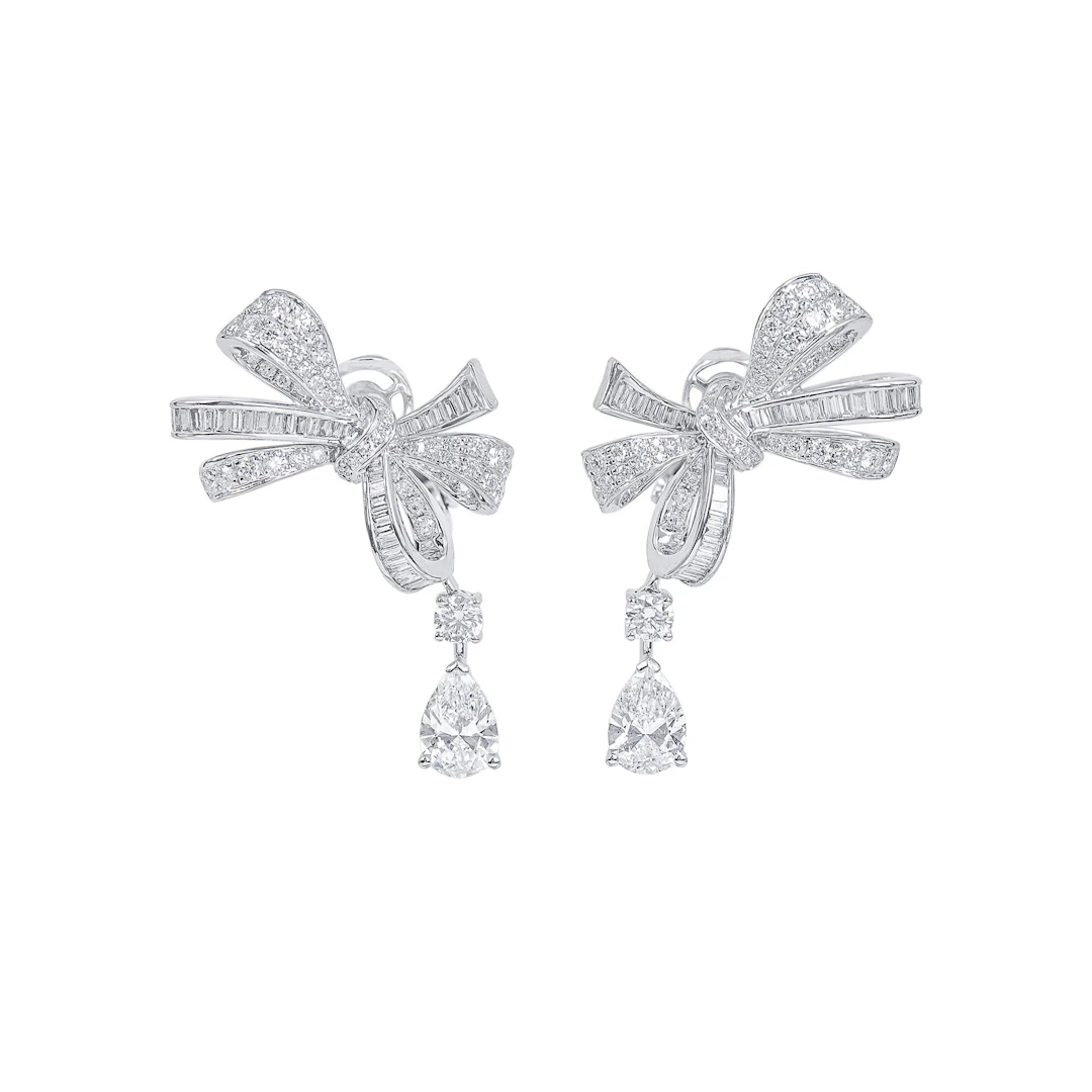 White Gold, 1.00ct Pear Shape Diamond and Diamond Bow Earclips