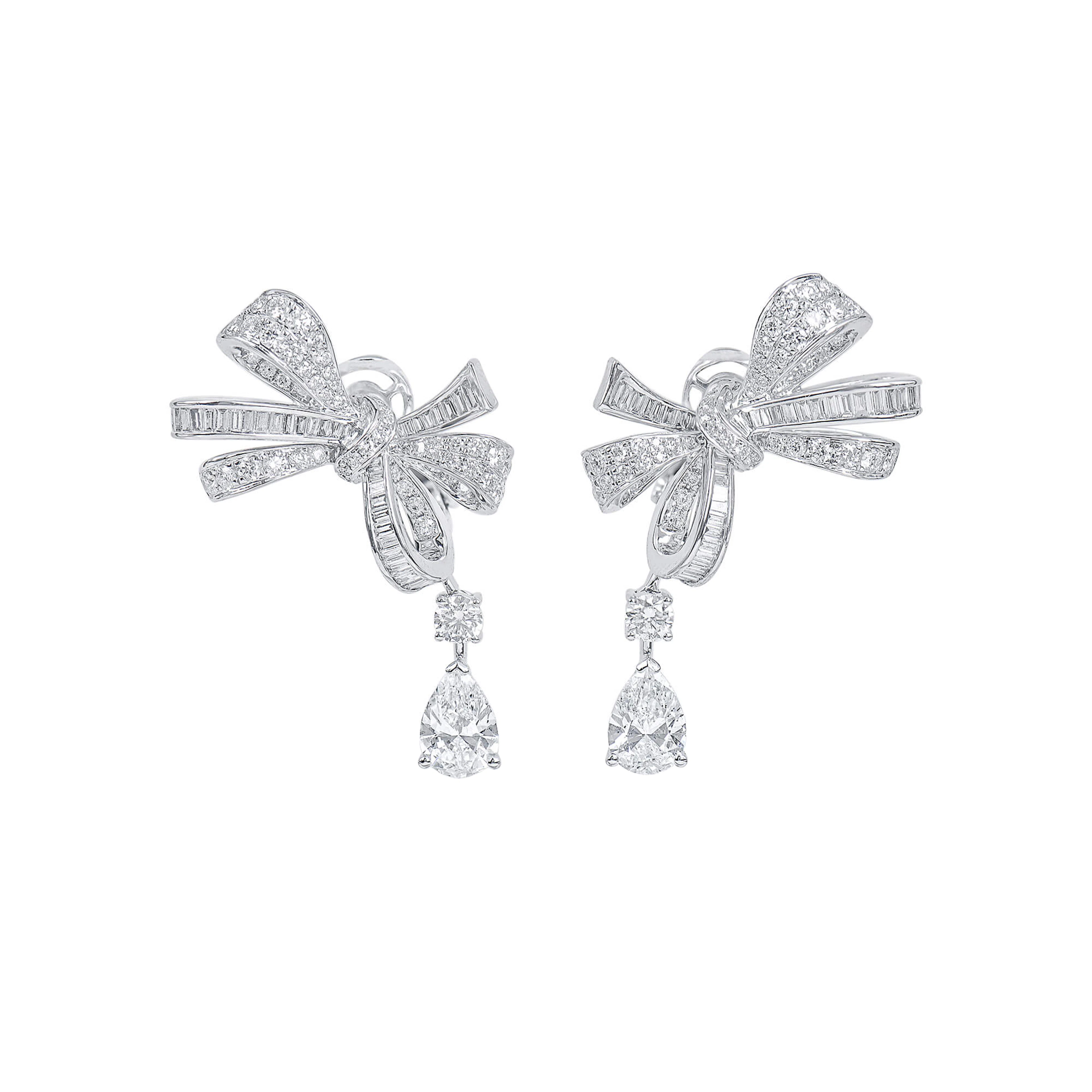 White Gold, 1.00ct Pear Shape Diamond and Diamond Bow Earclips