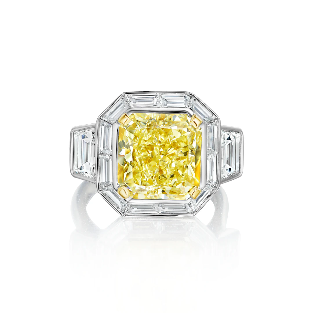 Platinum, Gold, 7.43ct Radiant Cut Fancy Light Yellow Diamond and