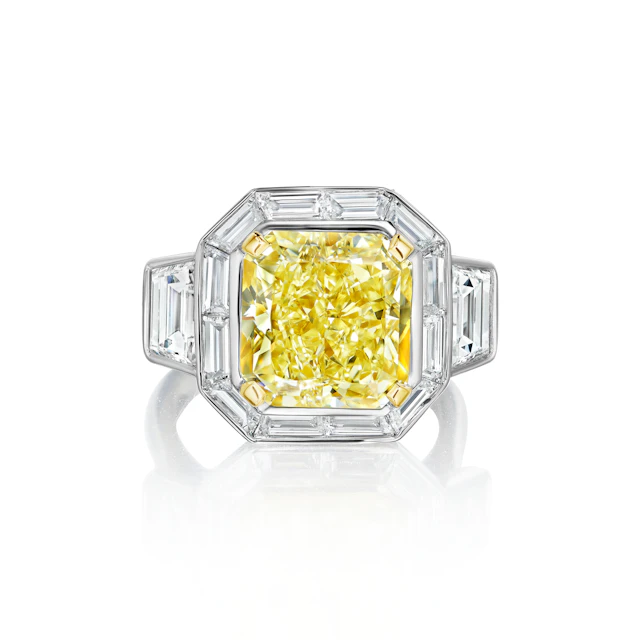 Platinum, Gold, 7.43ct Radiant Cut Fancy Light Yellow Diamond and
