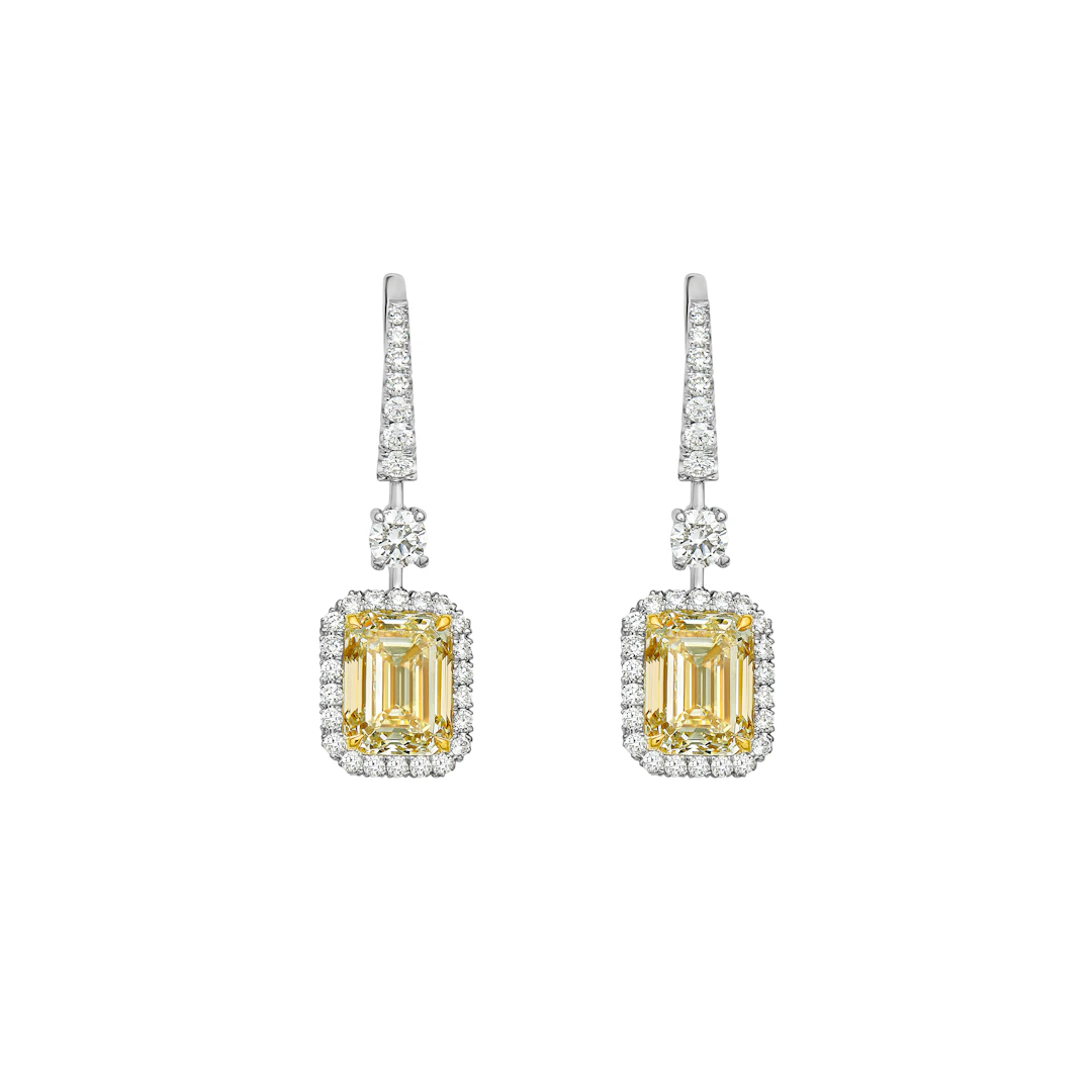 Platinum, 6.10ct Emerald Cut Yellow Diamond and Diamond Drop Earrings