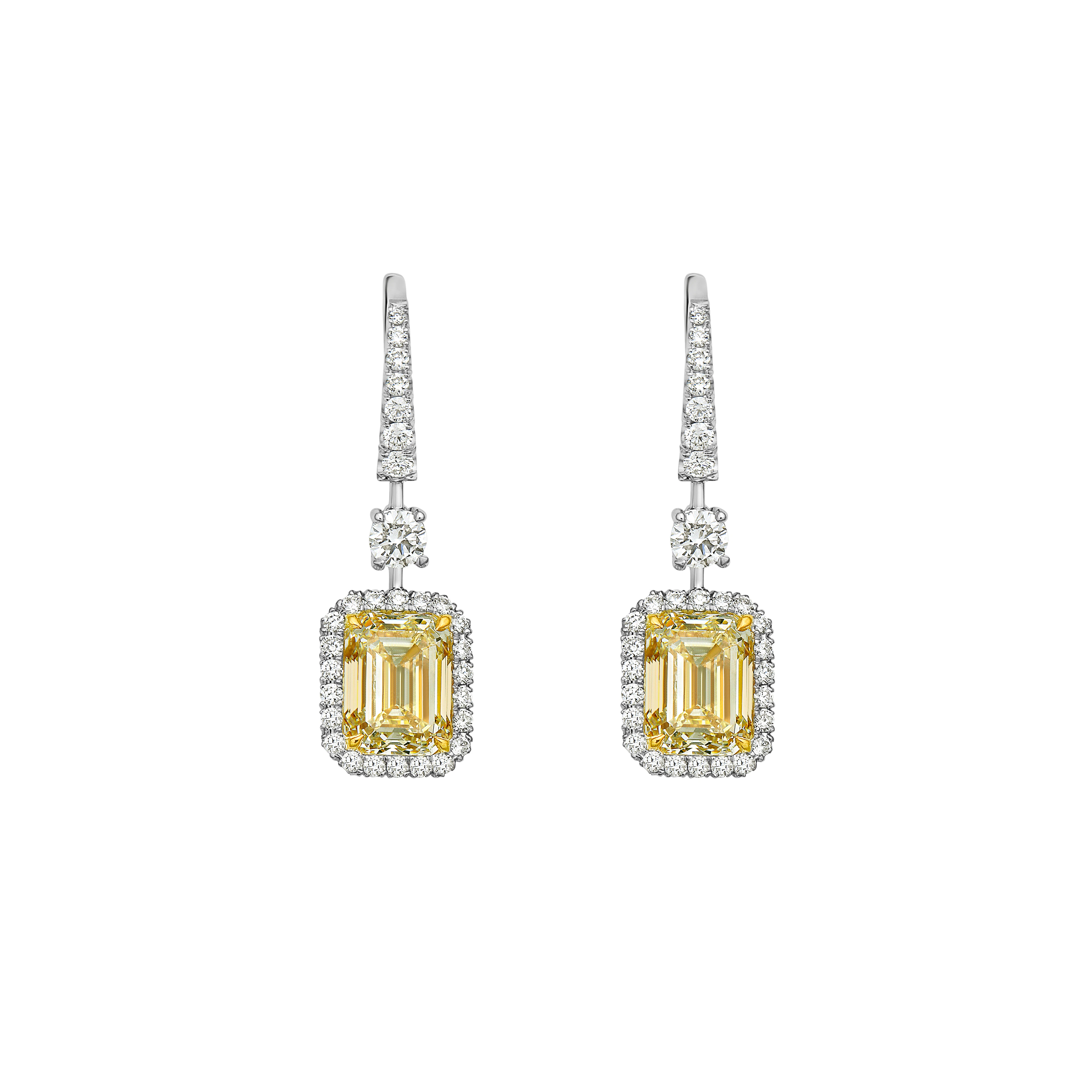 Platinum, 6.10ct Emerald Cut Yellow Diamond and Diamond Drop Earrings