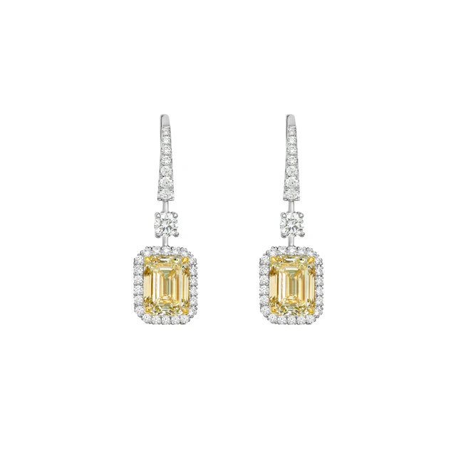 Platinum, 6.10ct Emerald Cut Yellow Diamond and Diamond Drop Earrings