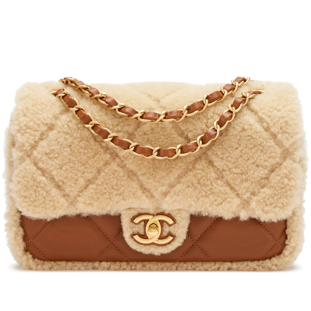 Beige Quilted Teddy Shearling and Caramel Brown Quilted Lambskin Medium