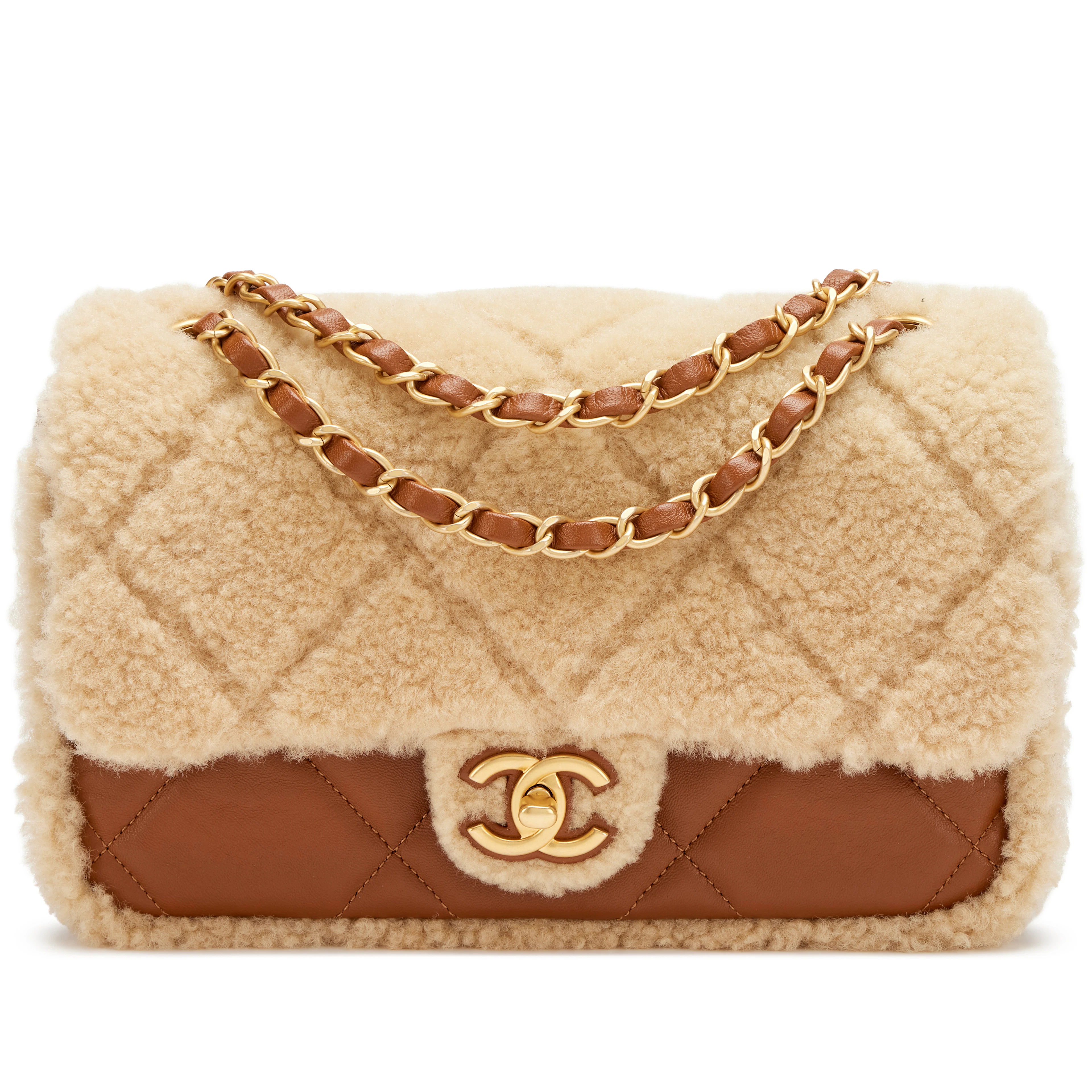 Beige Quilted Teddy Shearling and Caramel Brown Quilted Lambskin Medium