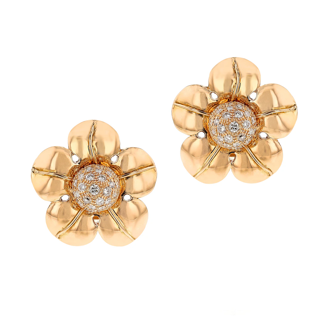 Gold and Diamond Flower Earclips