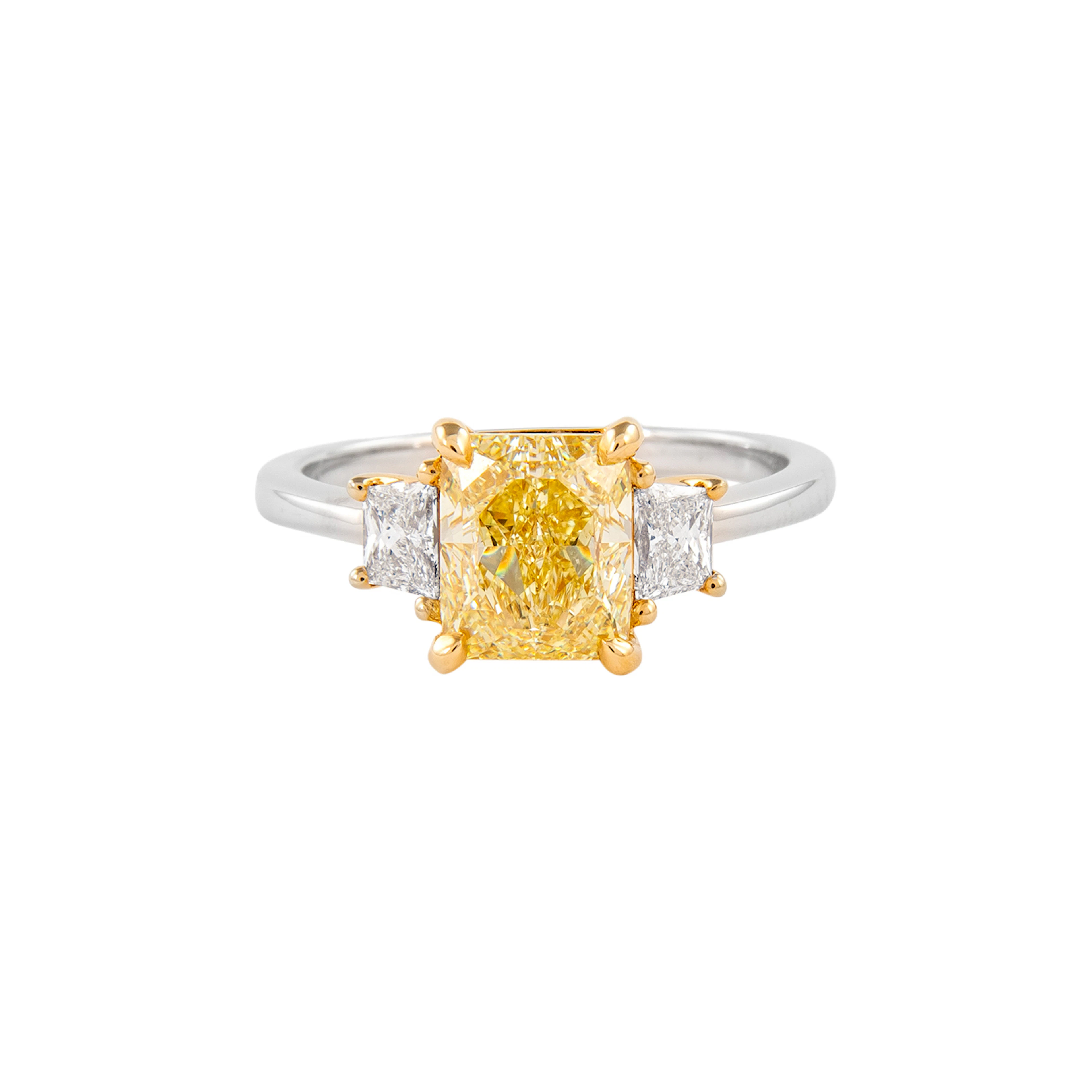 White Gold and 2.01ct Radiant Cut Fancy Yellow Diamond Three Stone