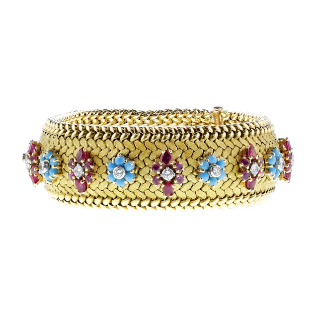 Vintage Gold, Turquoise, Ruby and Diamond Bracelet