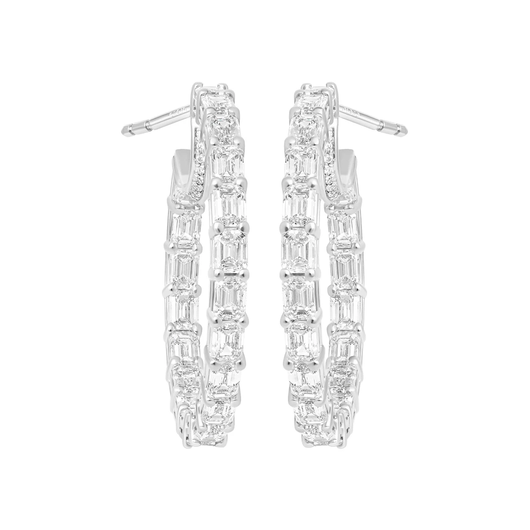 Platinum, 7.00ctw Emerald Cut Diamond and Diamond Hoop Earrings