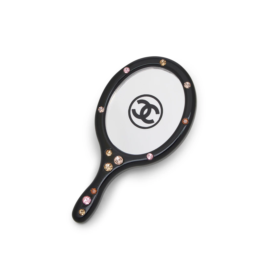 Black Tortoiseshell and Multicolor Rhinestone Miniature Cosmetic Mirror