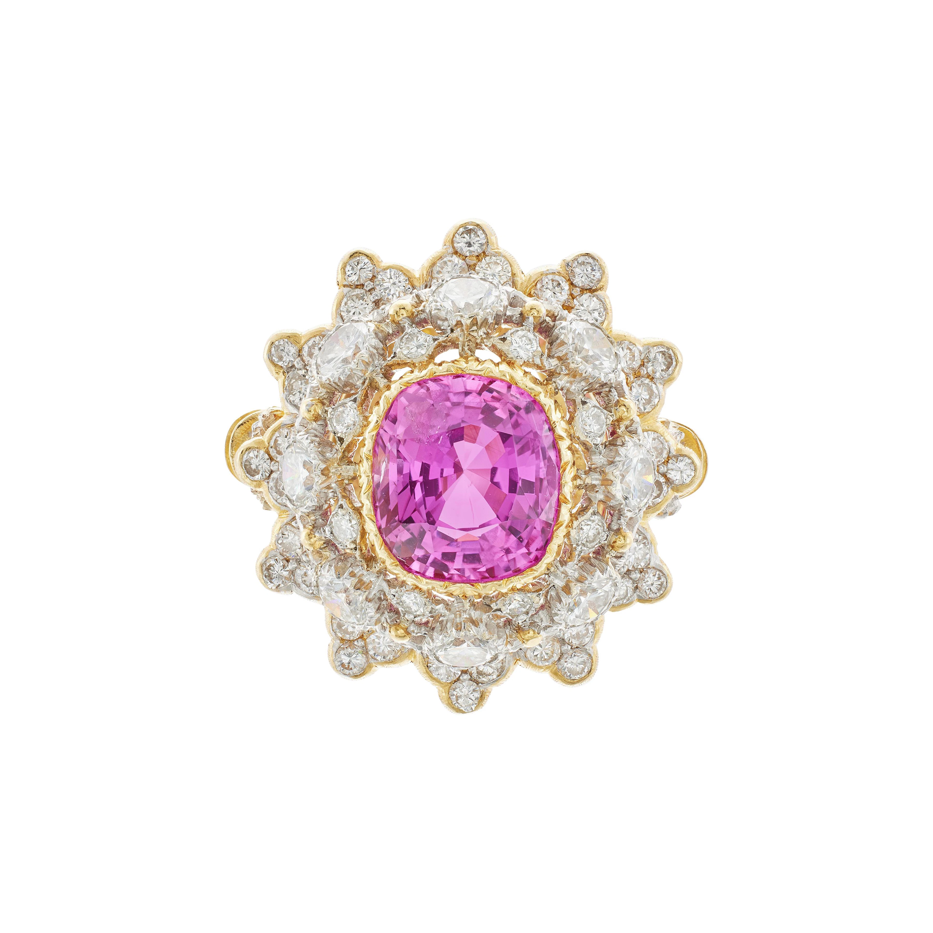 Vintage Gold, White Gold, 3.20ct Ceylon Pink Sapphire and Diamond Ring