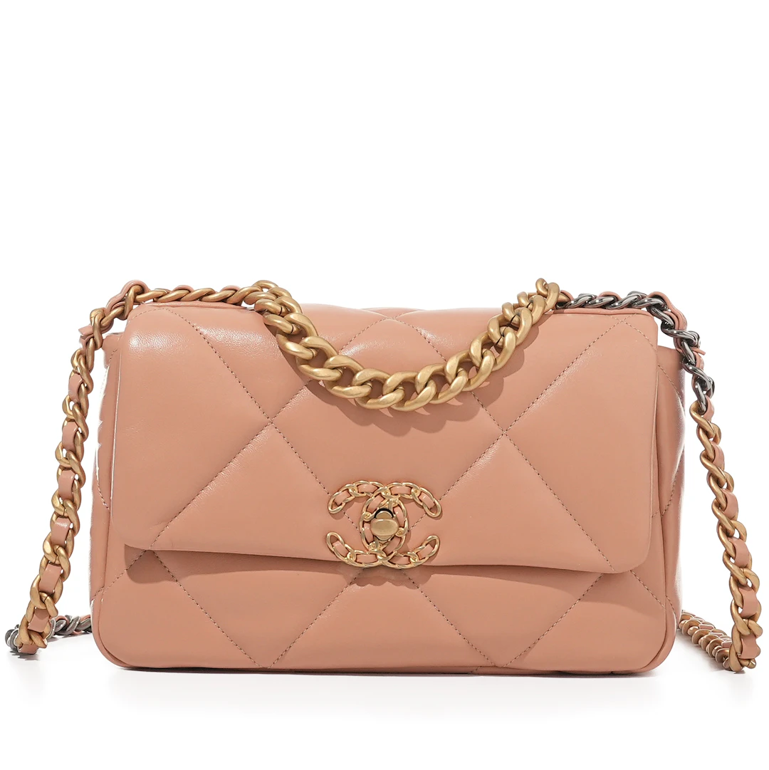 Coral Quilted Lambskin Small Chanel 19 Flap Gold and Ruthenium Hardware