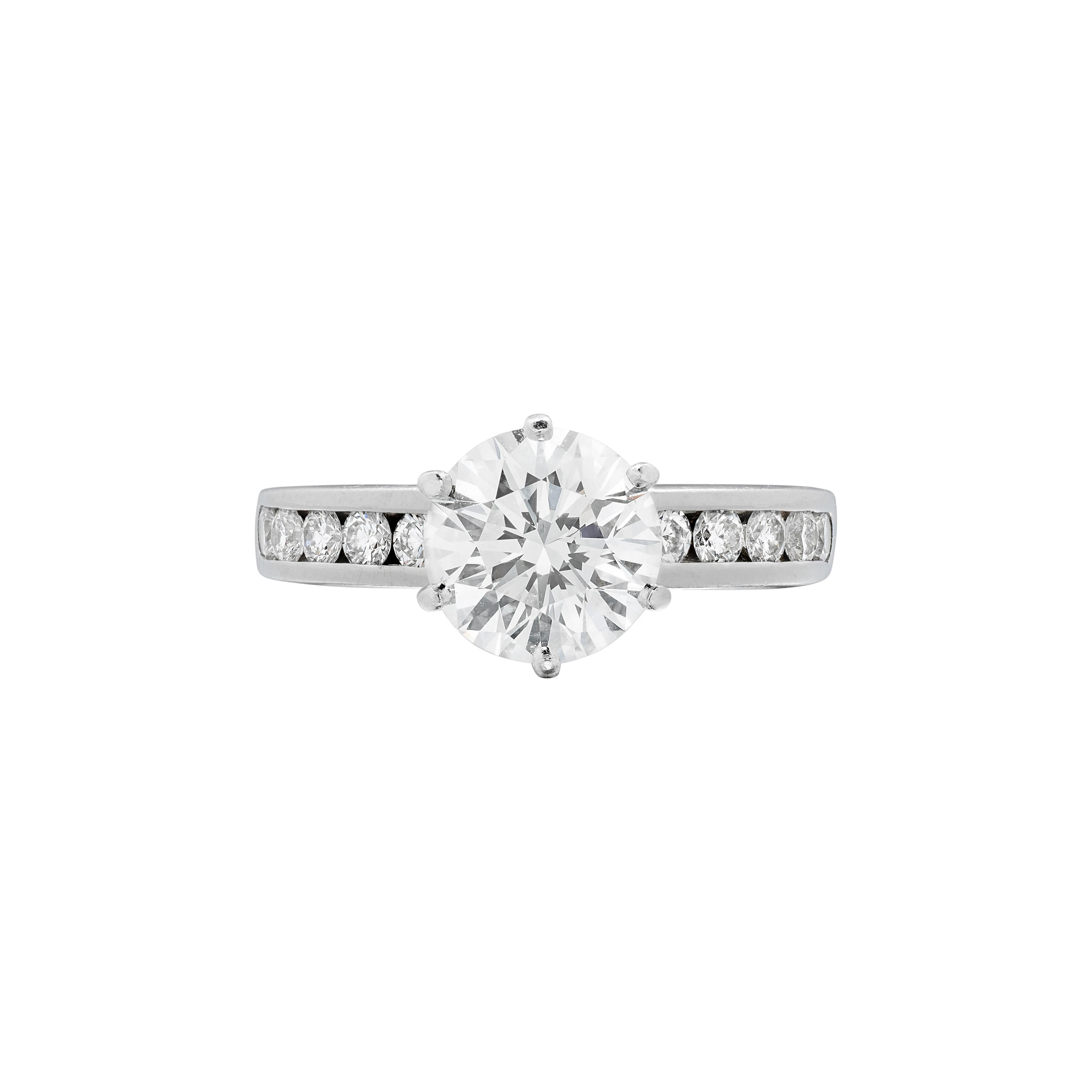 Platinum, 1.59ct Round Brilliant Cut Diamond and Diamond Engagement Ring