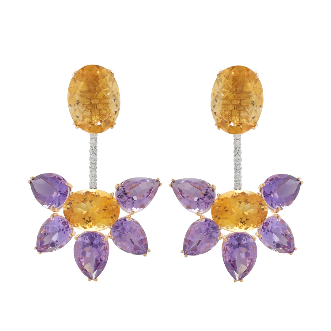 Gold, Amethyst, Citrine and Diamond Drop Earclips